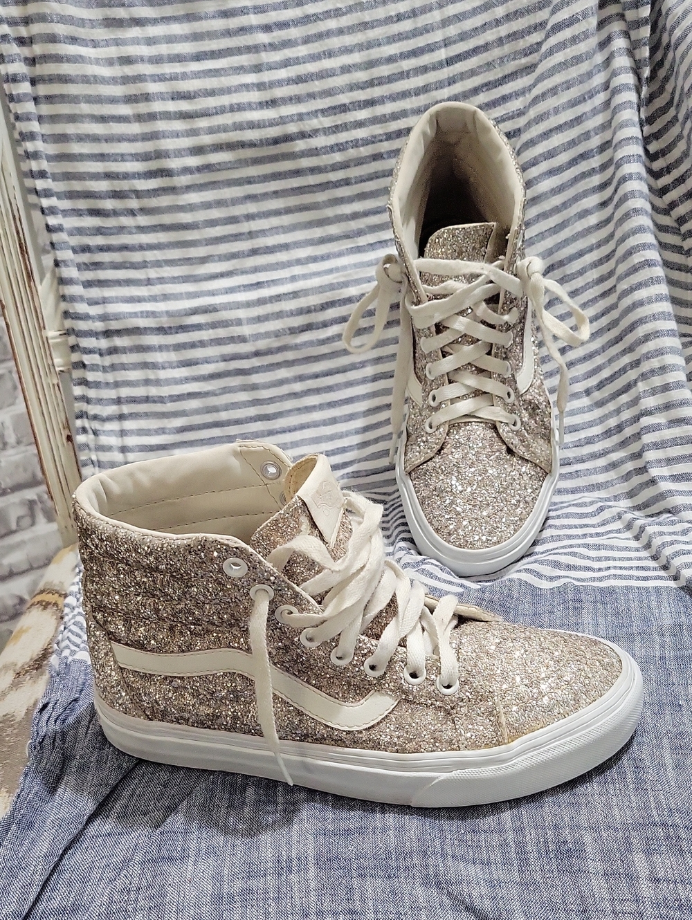 Vans Women's High-Top Silvery Sparkle Glitter Sneakers, 7.5, Glam, Y2k